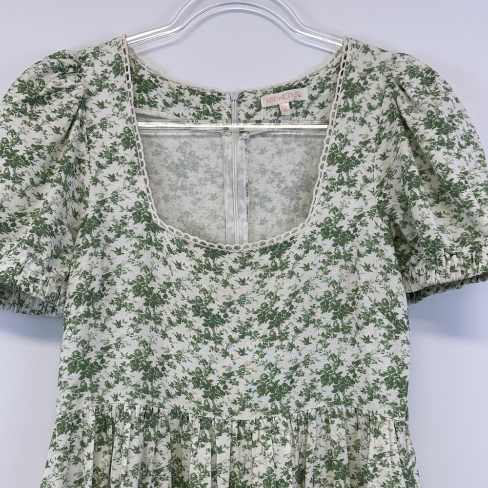 Krewe Du Q Green Floral Toile Puff Sleeve Cottagecore Mini Dress Size S - Picture 3 of 8